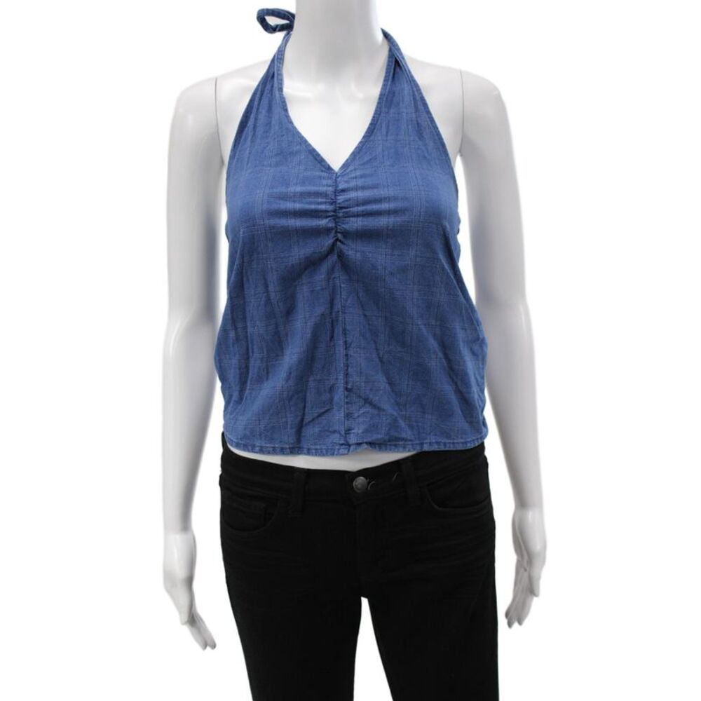 LNA Womens Cropped Blue Cotton Check V-Neck Sleeveless Tank Tie Size XS